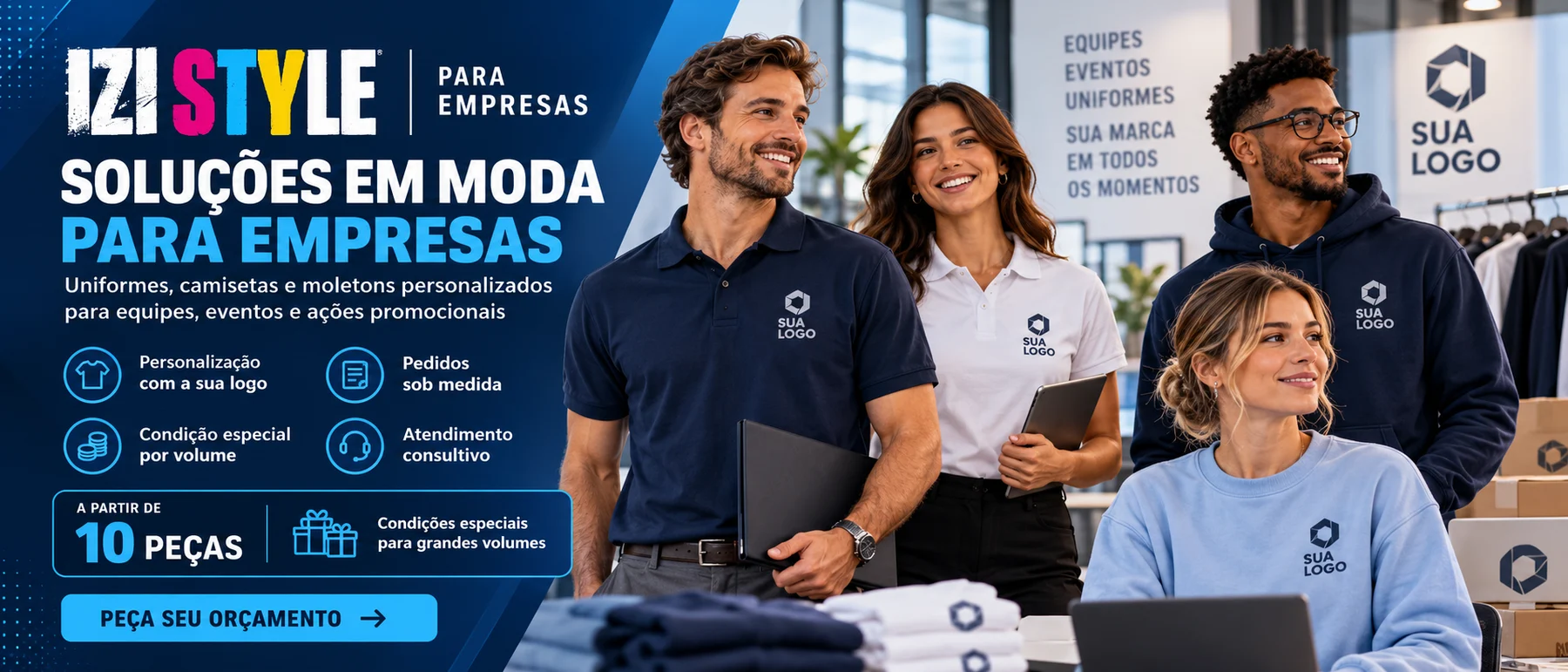 Izi Style para empresas: uniformes, camisetas e moletons personalizados a partir de 10 peças